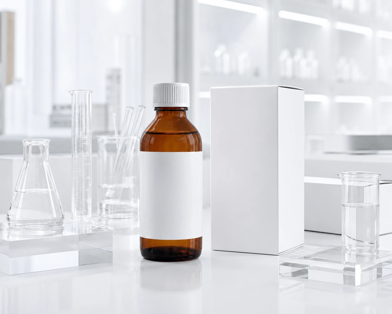 Kampagnenbild der fertigen Amber-Flasche für pharmazeutischen Sirup, das die Amberglas-Verpackungspräsentation zeigt