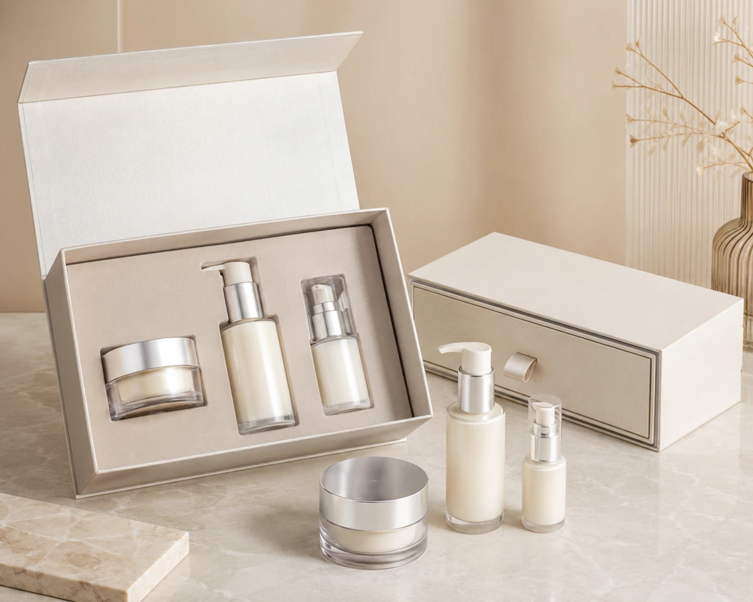 Geschenkboxverpackungsbild des Runden Glases und Lotionflasche Hautpflegesets zeigt Premium-Kosmetik-Verkaufsbox-Präsentation