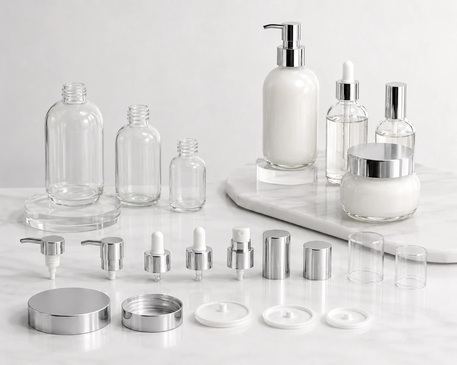 Imagem de detalhe dos acessórios do Conjunto de Frasco e Pote para Skincare de Ombro Arredondado mostrando tampas, bombas, tampas de pote ou componentes de embalagem cosmética