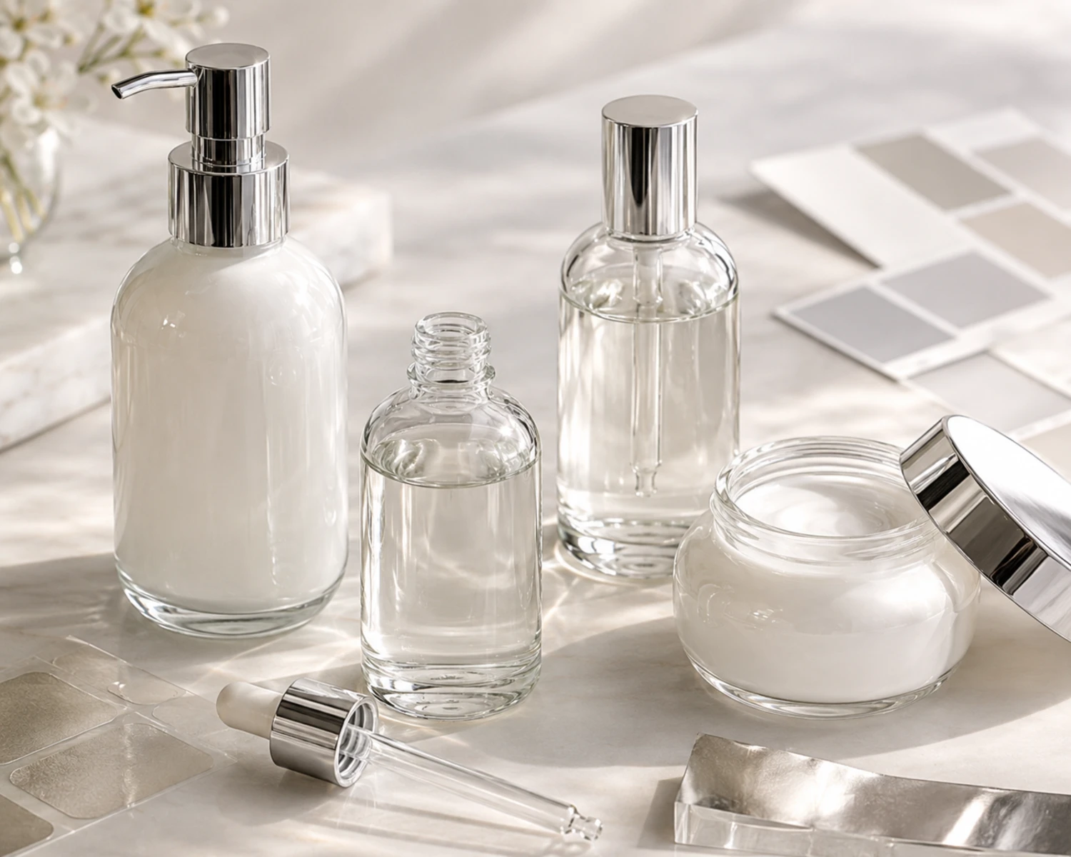 Imagem de detalhe do processo de decoração do Conjunto de Frasco e Pote para Skincare de Ombro Arredondado mostrando acabamento, detalhe do frasco ou tratamento de superfície