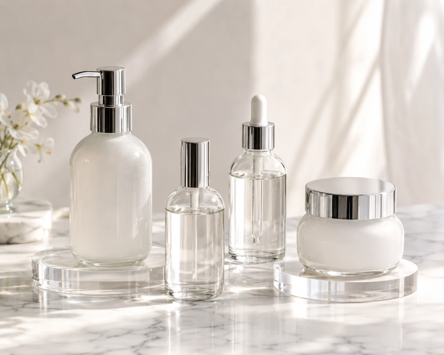 Imagem de campanha do frasco acabado do Conjunto de Frasco e Pote para Skincare de Ombro Arredondado mostrando apresentação premium do conjunto de frasco e pote cosmético