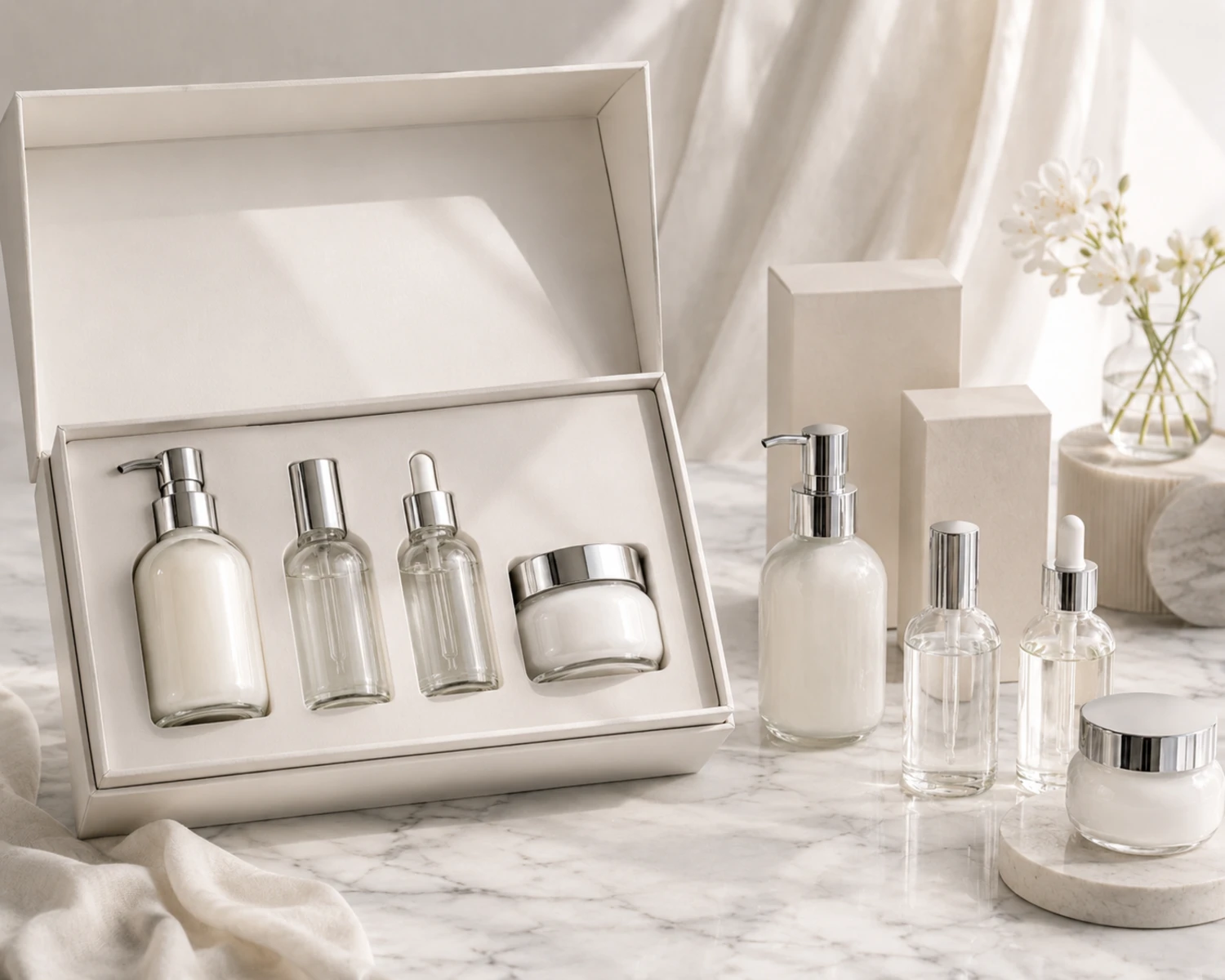 Imagem de embalagem de caixa de presente do Conjunto de Frasco e Pote para Skincare de Ombro Arredondado mostrando apresentação premium de caixa de varejo cosmética