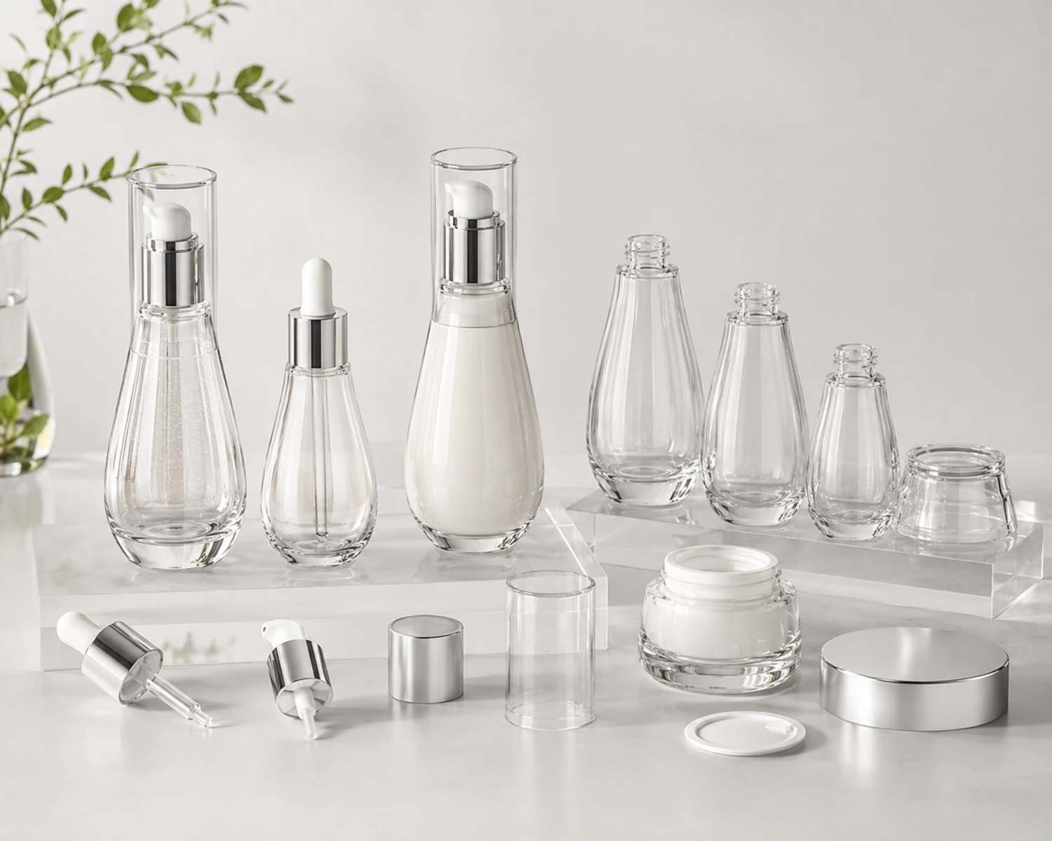 Image détaillée des accessoires de l'ensemble flacon de sérum à épaule effilée et pot de crème montrant les bouchons, pompes, couvercles de pot ou composants d'emballage cosmétique