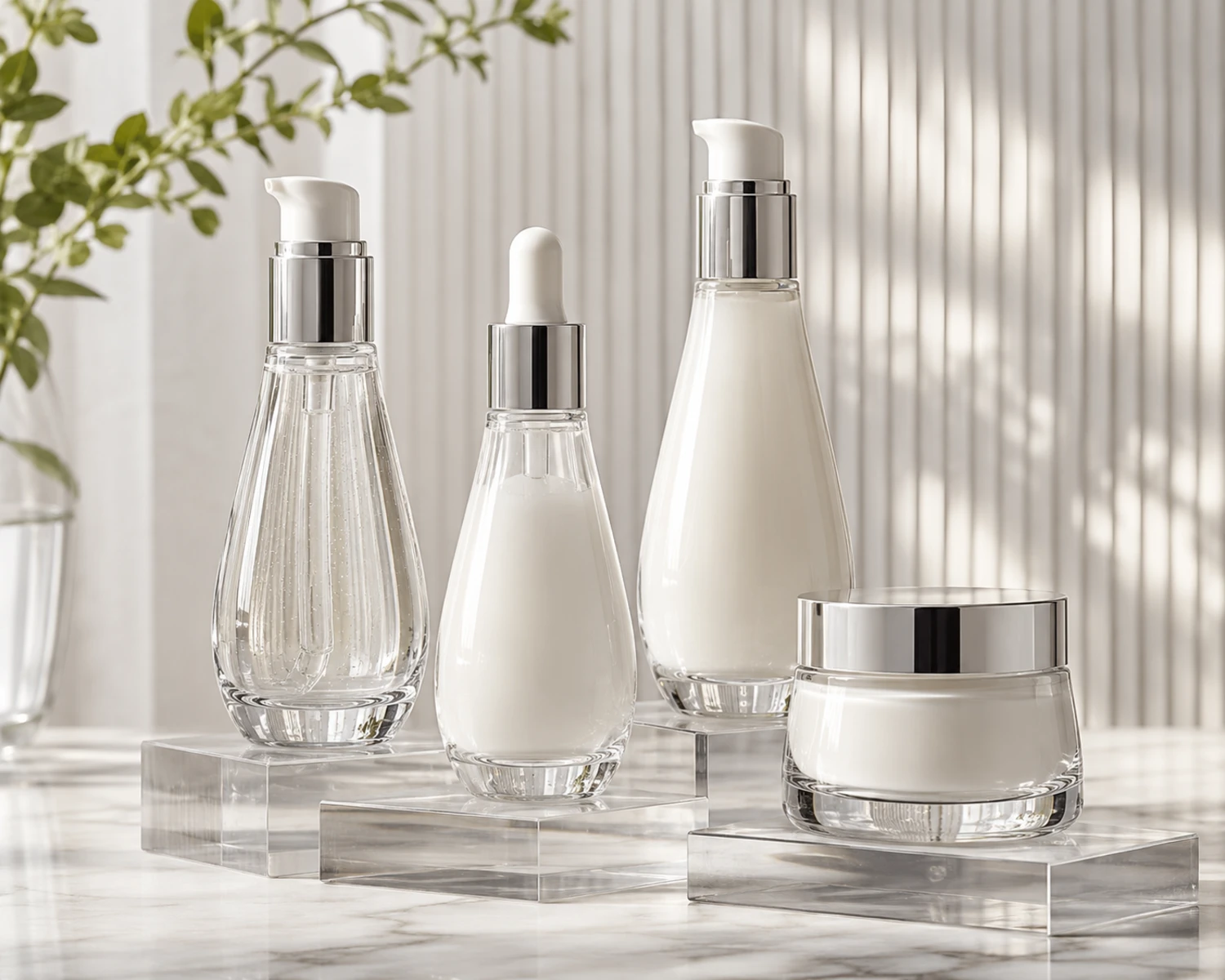 Image de campagne du flacon fini de l'ensemble flacon de sérum à épaule effilée et pot de crème montrant la présentation de l'ensemble flacon et pot cosmétique premium