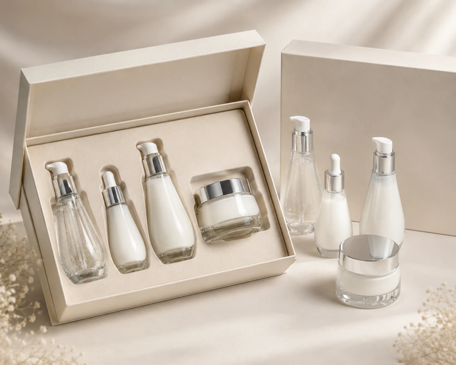 Image de l'emballage boîte cadeau de l'ensemble flacon de sérum à épaule effilée et pot de crème montrant la présentation de la boîte de vente au détail cosmétique premium