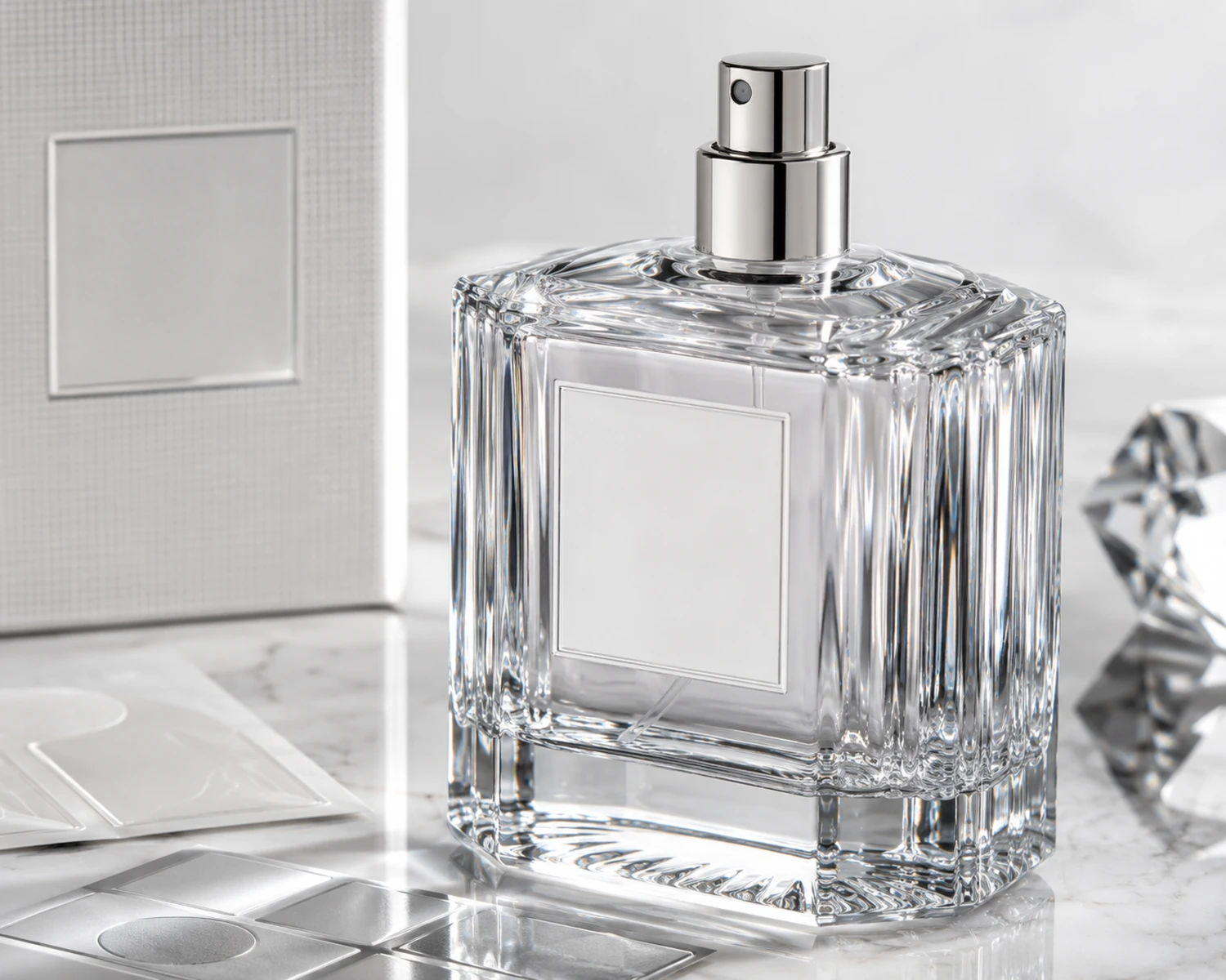 imagen de detalle de superficie de cristal del Frasco de Perfume de Vidrio Cristalino que muestra refracción de vidrio claro
