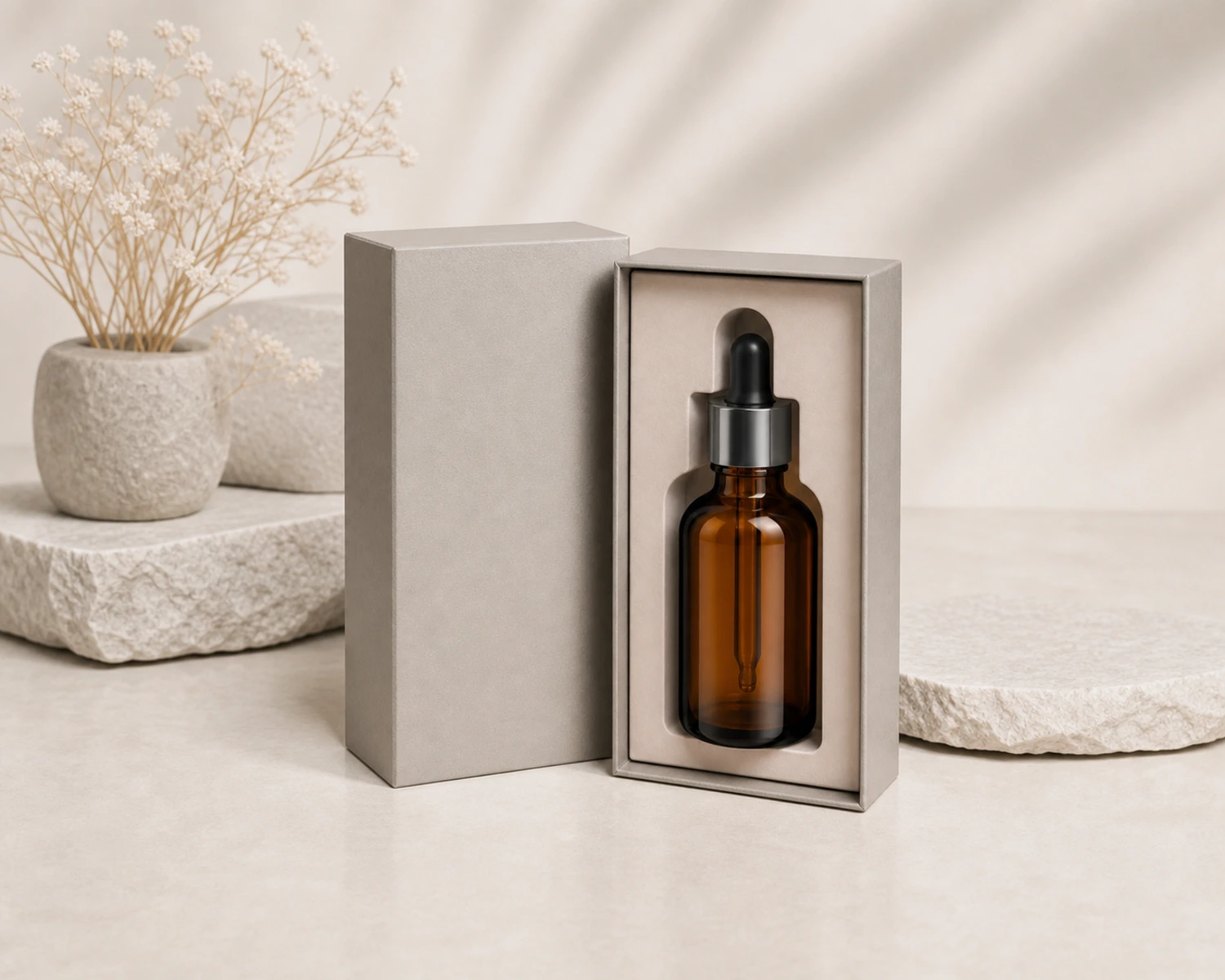 Geschenkverpackungsbild der Amber Round Shoulder Dropper Bottle mit hochwertiger Einzelhandelsbox-Präsentation für ätherische Öle
