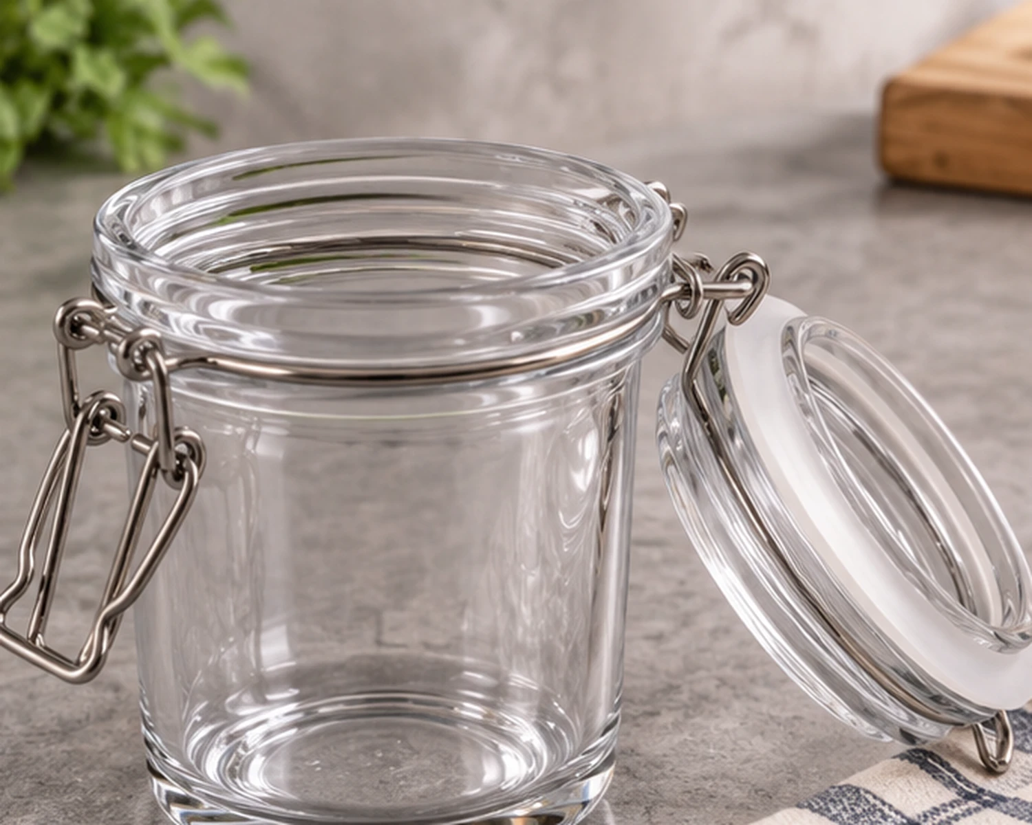 Verschluss- und Strukturbild des Versiegelten Glas-Vorratsbehälters mit Deckel, Behälteröffnung und Glaskonstruktion
