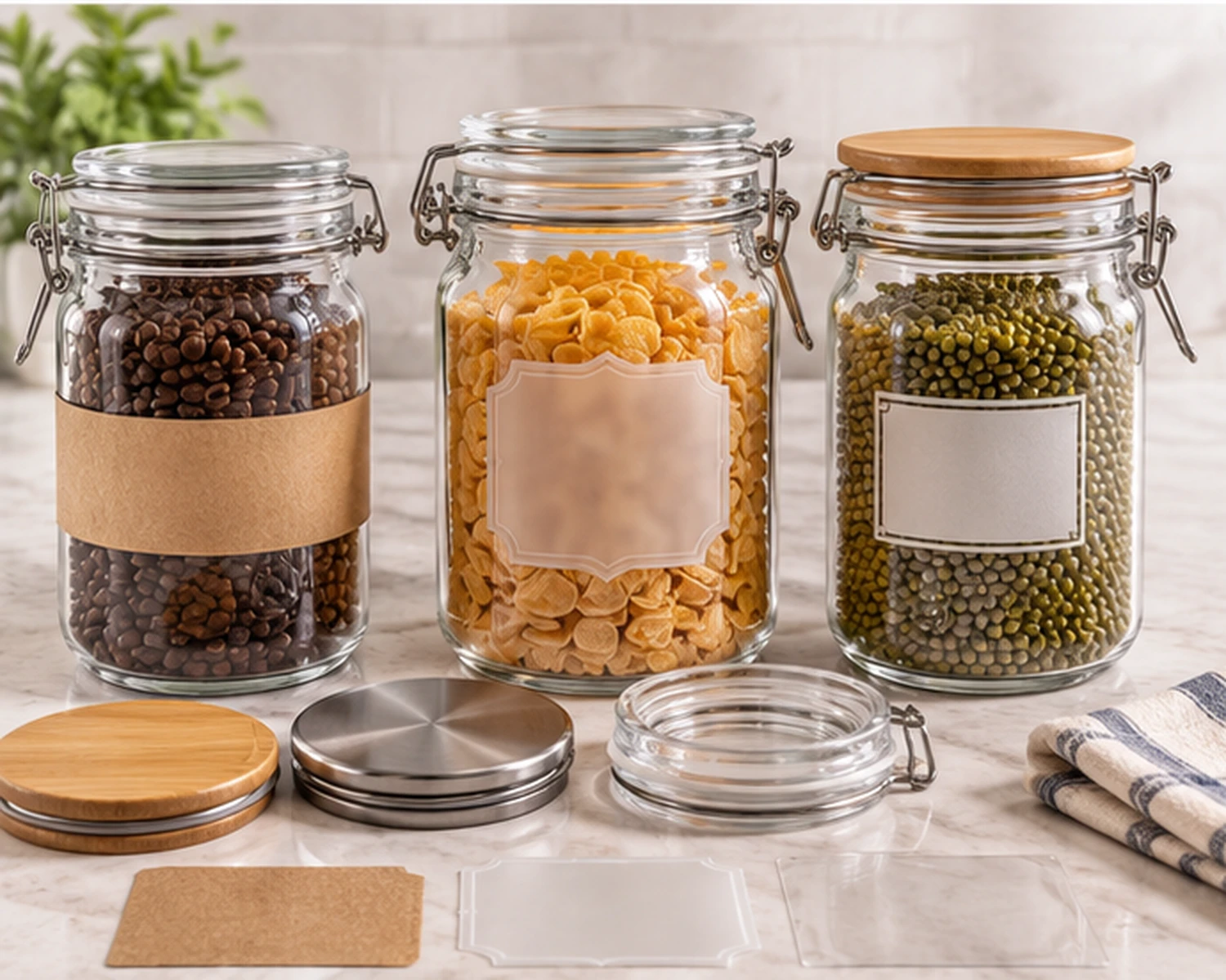 Etiketten- und Dekorationsdetail des Versiegelten Glas-Vorratsbehälters mit Lebensmittelverpackungsetikett oder kundenspezifischer Oberflächenoption