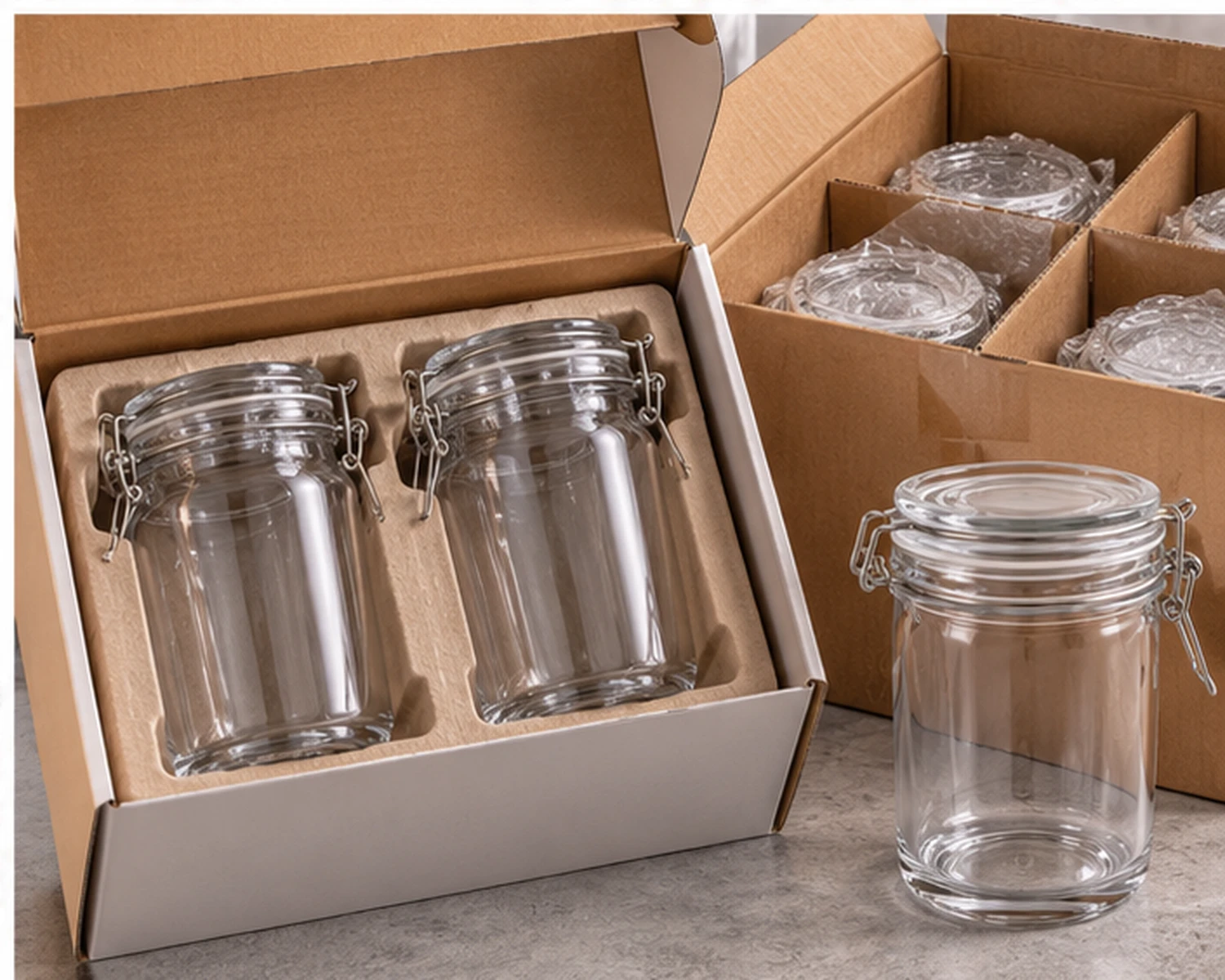 Einzelhandelsverpackungsbild des Versiegelten Glas-Vorratsbehälters mit Karton, Unterteilung oder Schutzverpackung