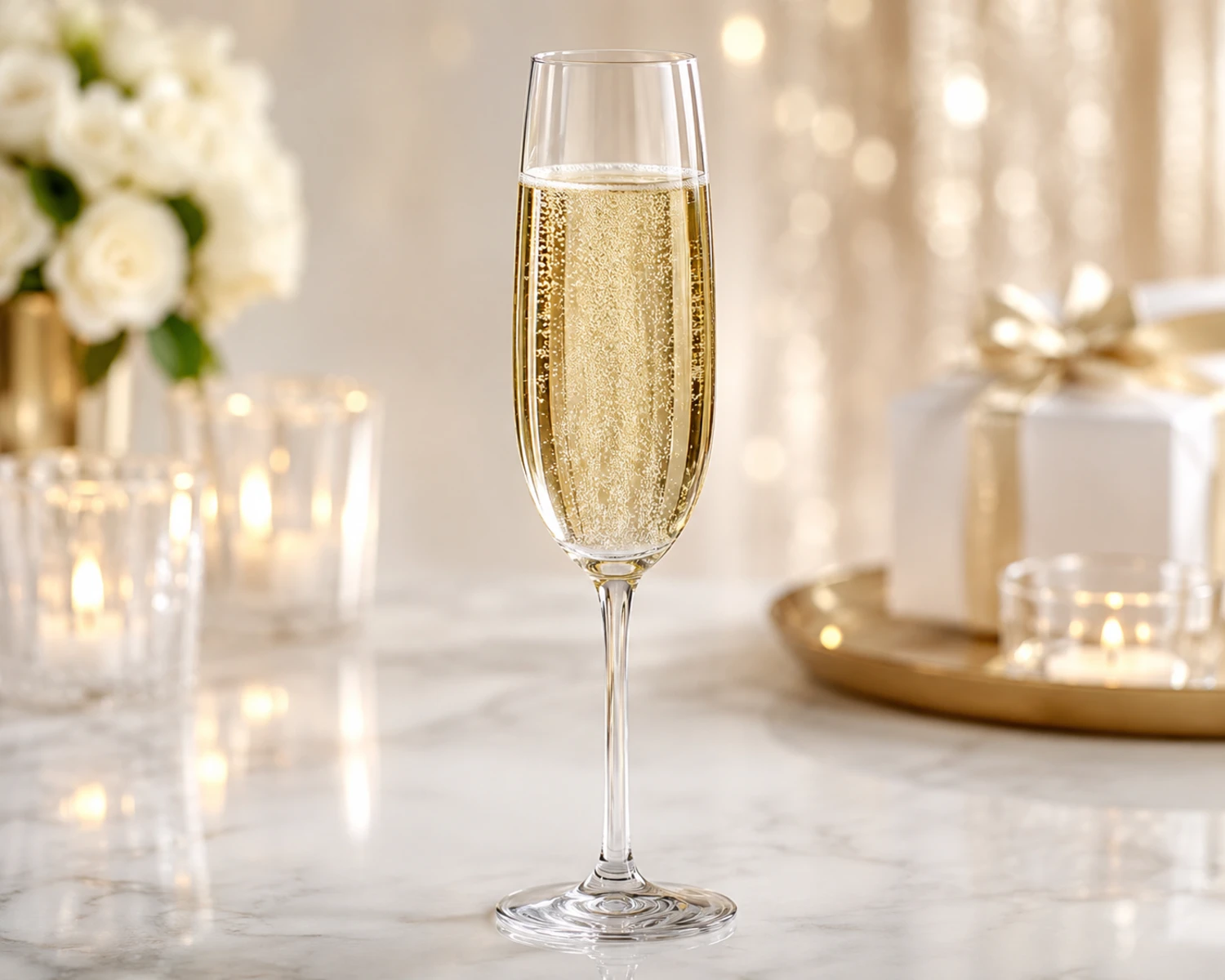 Image de campagne de verrerie finie Verre à Champagne Flûte montrant une présentation premium de verre
