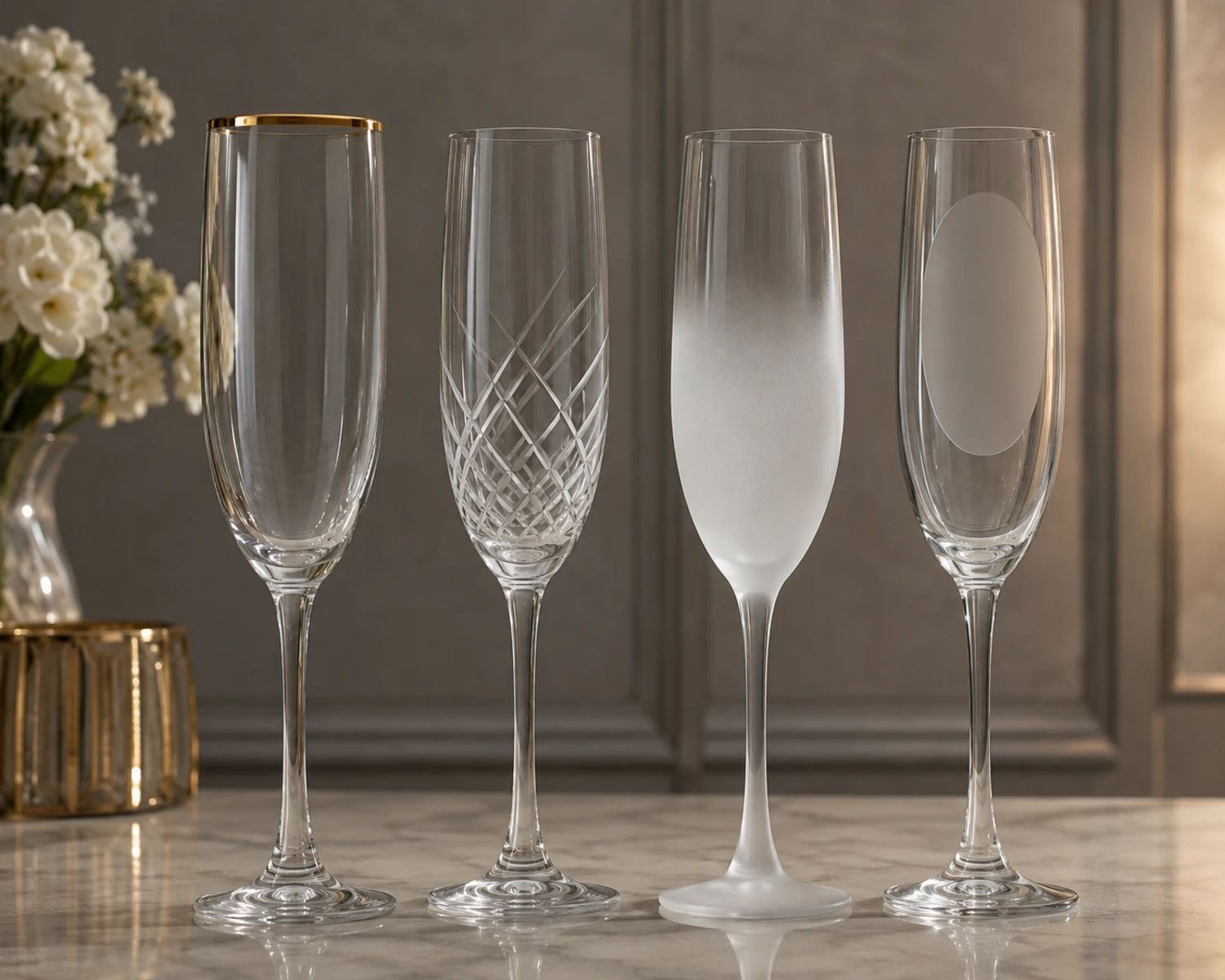 Image de détail d'impression et de décoration du Verre à Champagne Flûte montrant les options de marquage personnalisé de la verrerie