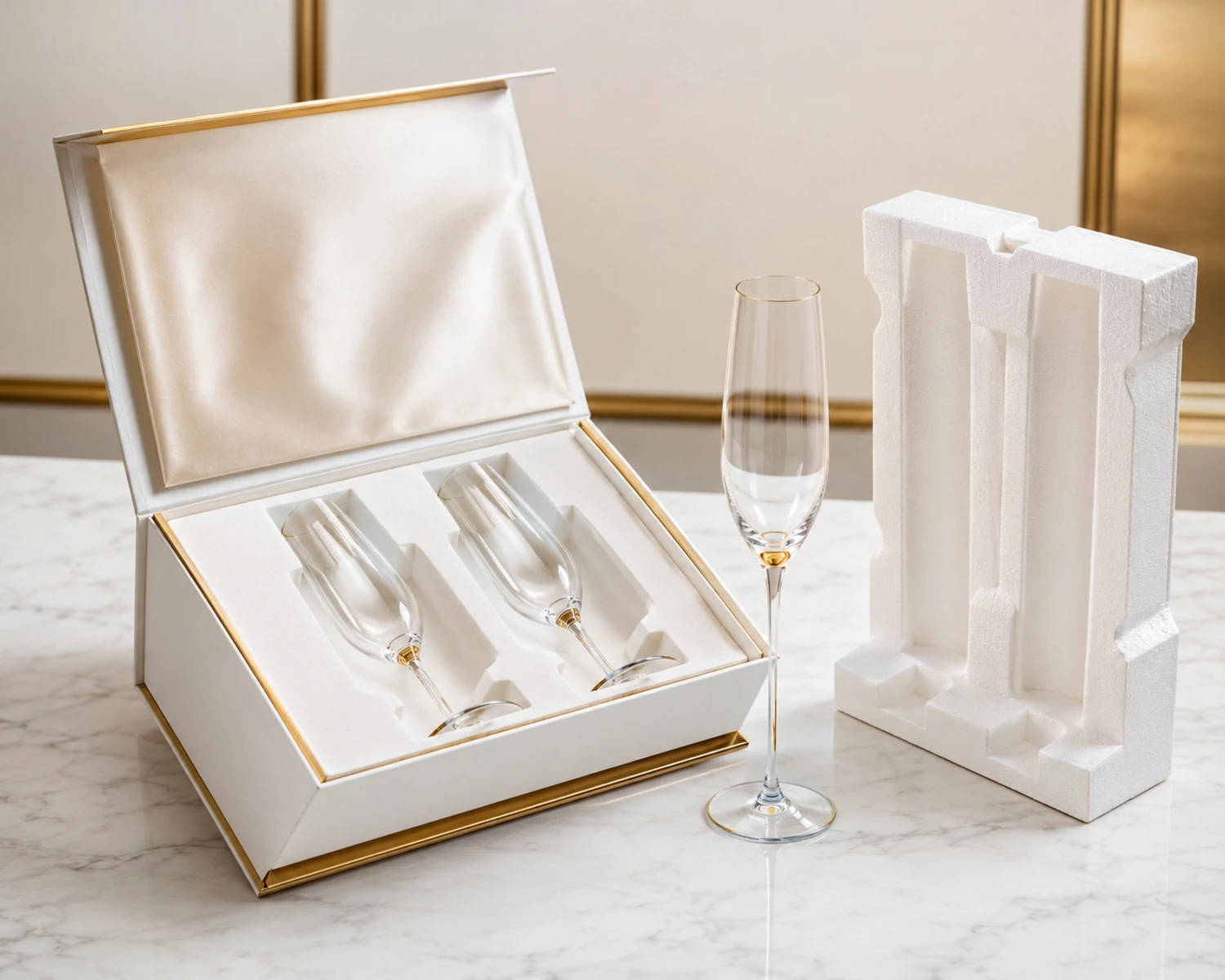 Image d'emballage de détail du Verre à Champagne Flûte montrant la boîte, le séparateur ou l'insert de protection du verre