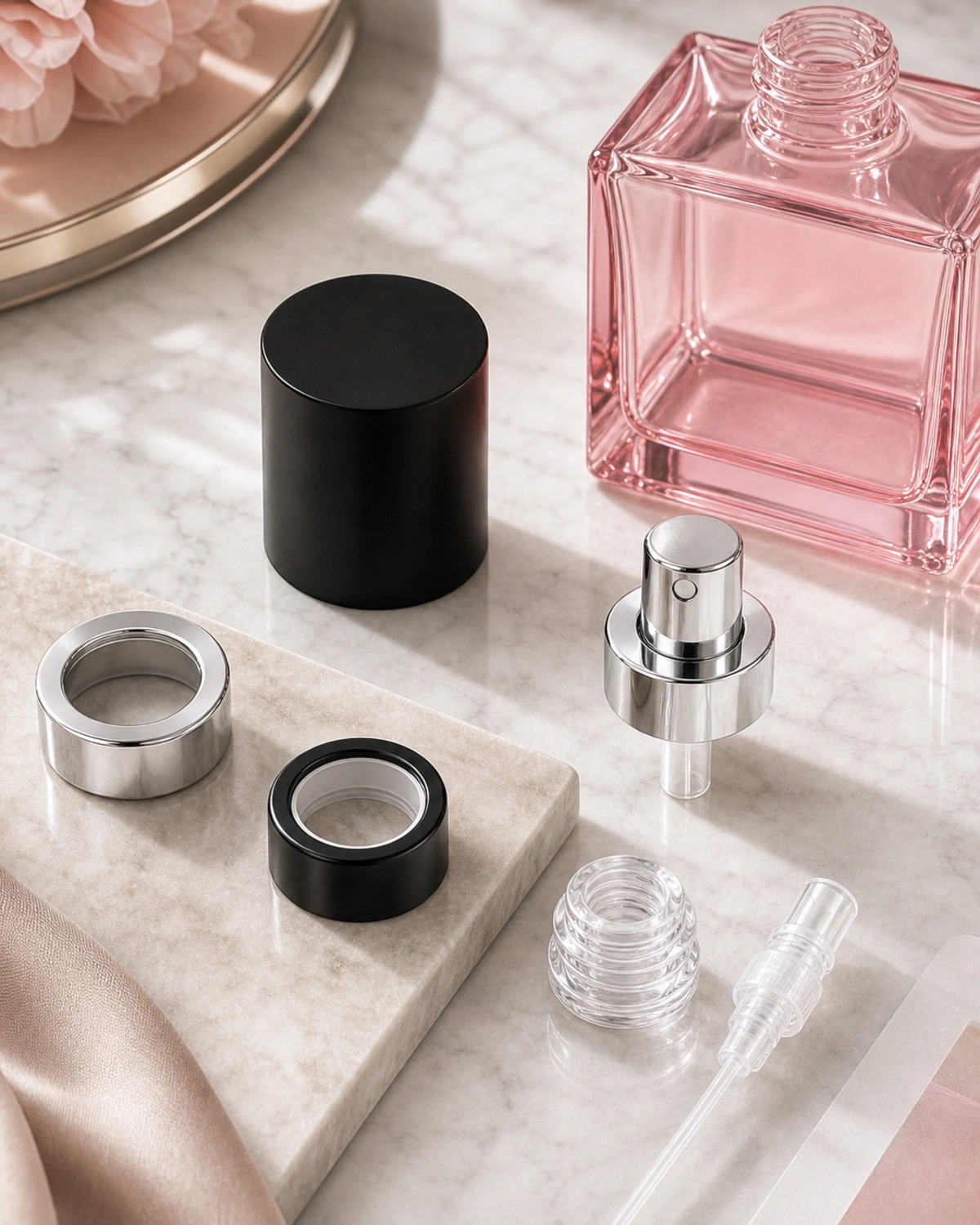 accessories detail image of Flat Square Glass Perfume Bottle showing sprayer, cap and perfume packaging components