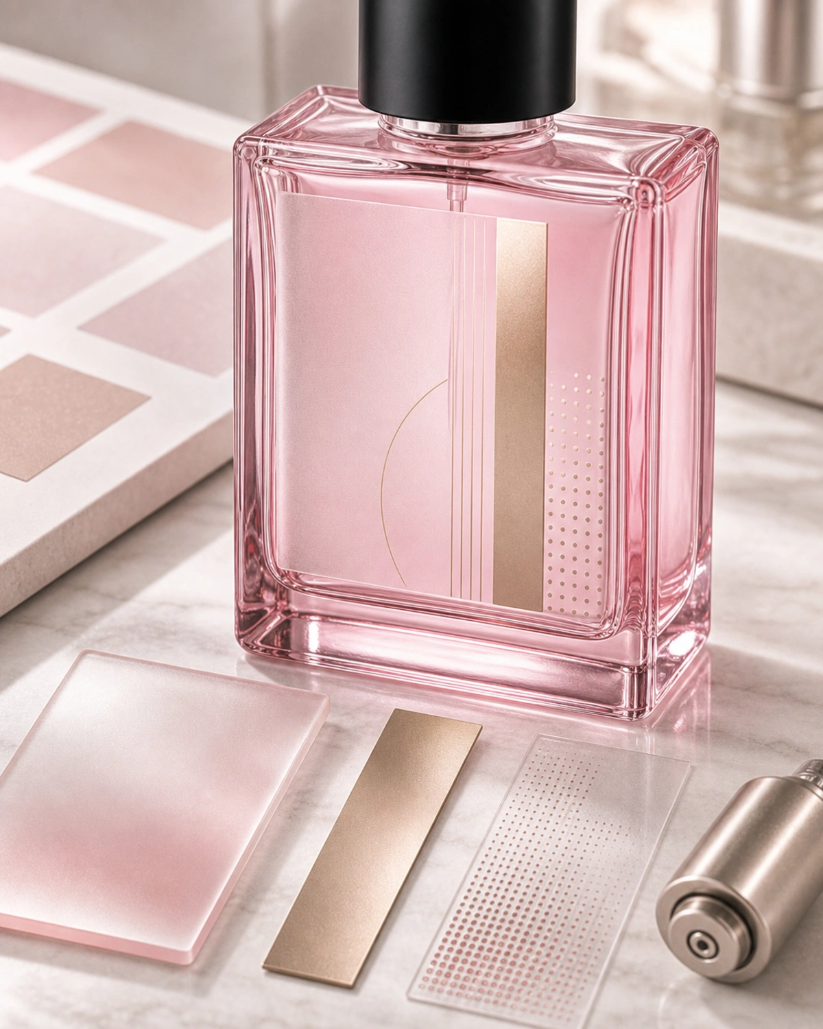 decoration process detail image of Flat Square Glass Perfume Bottle showing finish, printing or surface treatment