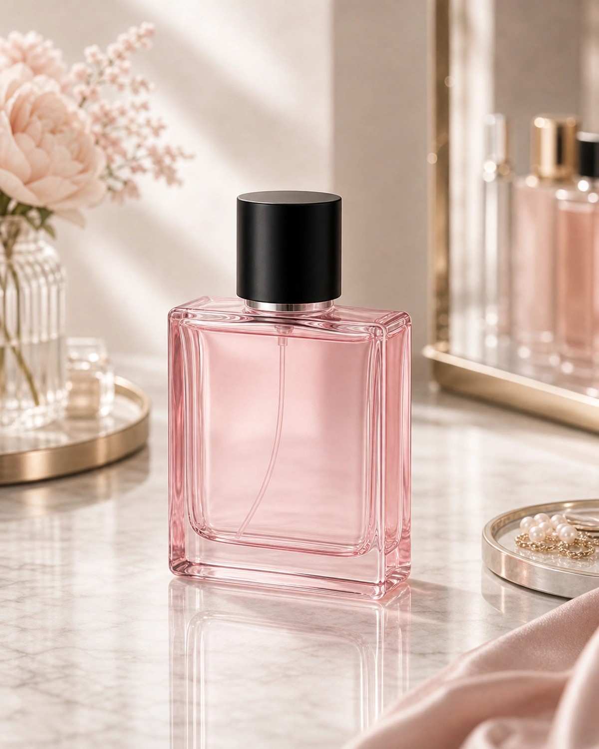 Flat Square Glass Perfume Bottle finished bottle campaign image showing luxury perfume packaging presentation