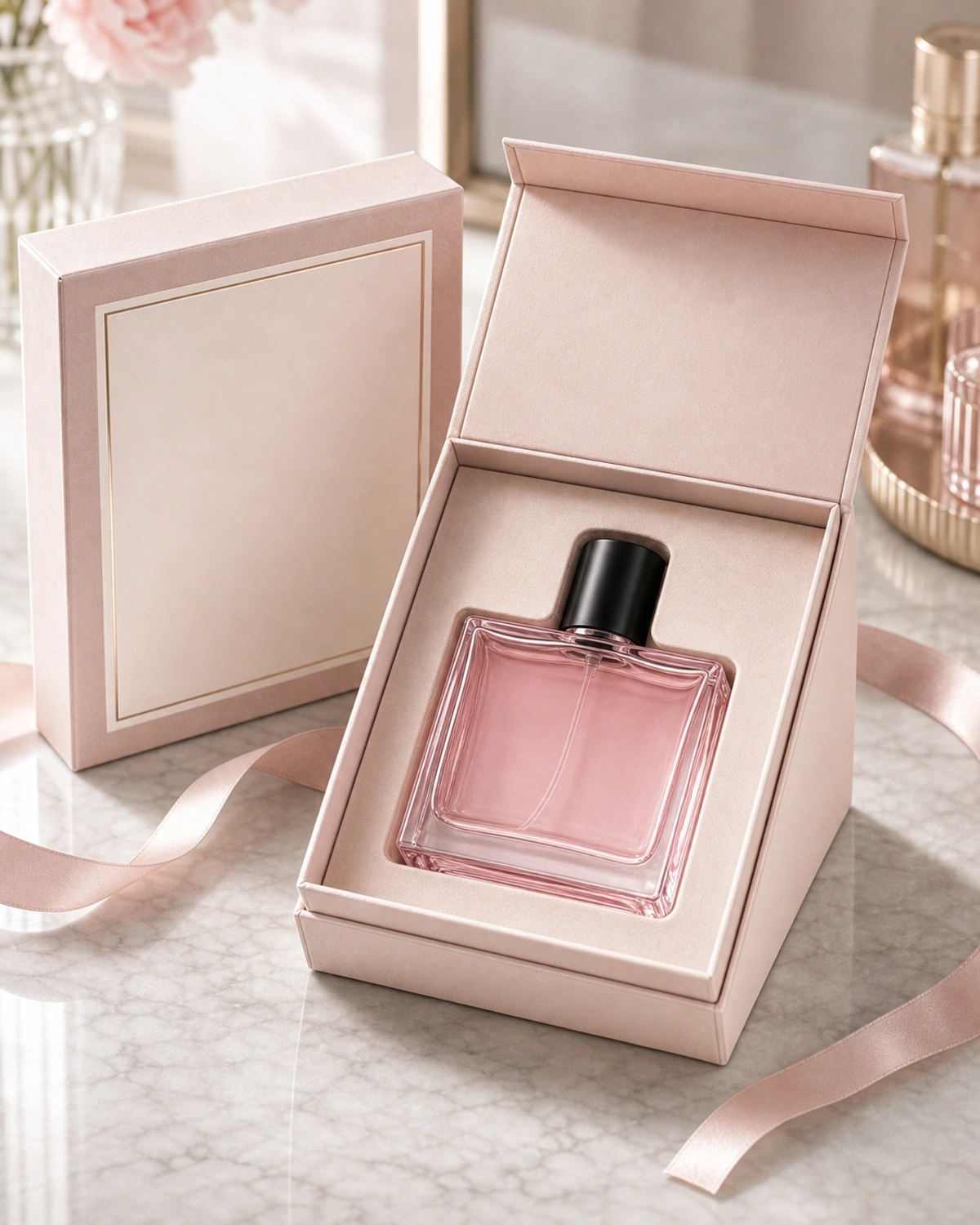 gift box packaging image of Flat Square Glass Perfume Bottle showing premium perfume retail box presentation