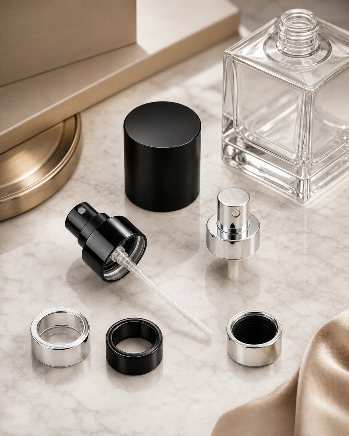accessories detail image of Square Heavy-Base Glass Perfume Bottle showing sprayer, cap and perfume packaging components