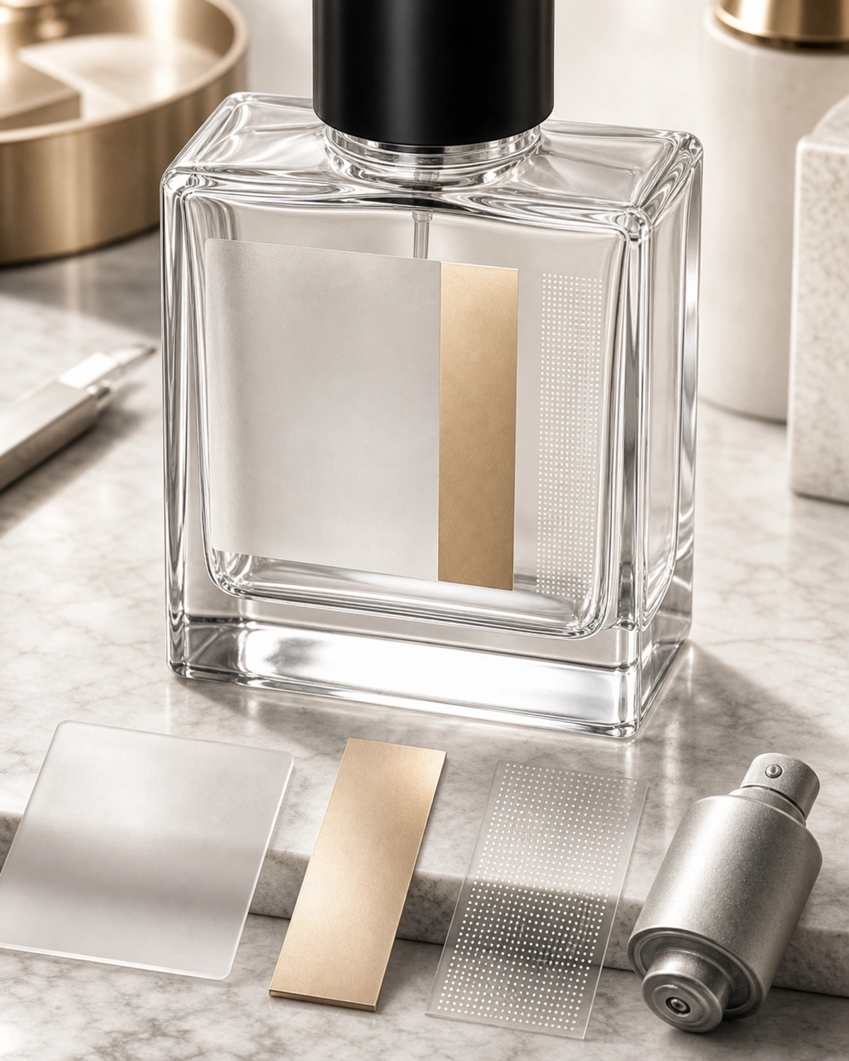 decoration process detail image of Square Heavy-Base Glass Perfume Bottle showing finish, printing or surface treatment