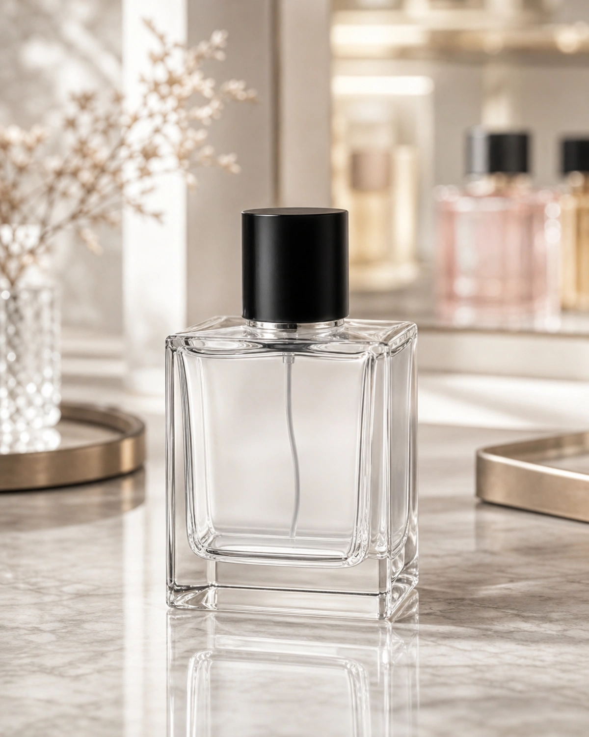 Square Heavy-Base Glass Perfume Bottle finished bottle campaign image showing luxury perfume packaging presentation
