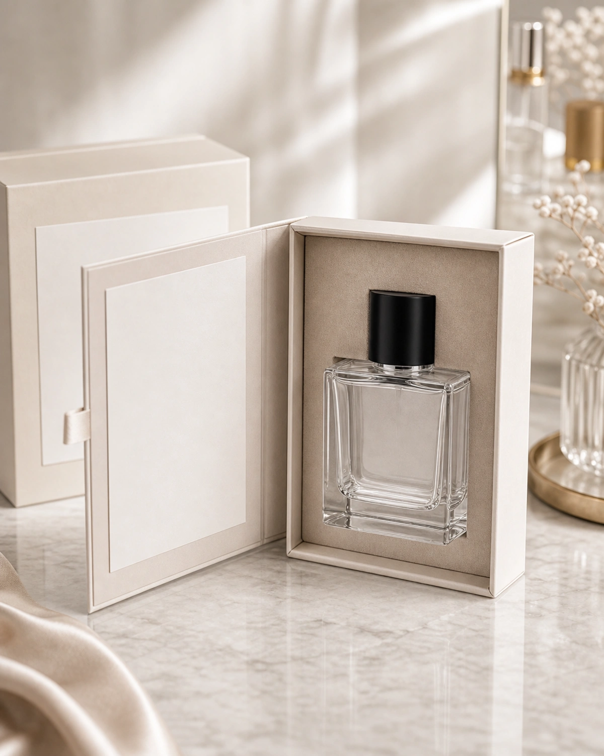 gift box packaging image of Square Heavy-Base Glass Perfume Bottle showing premium perfume retail box presentation